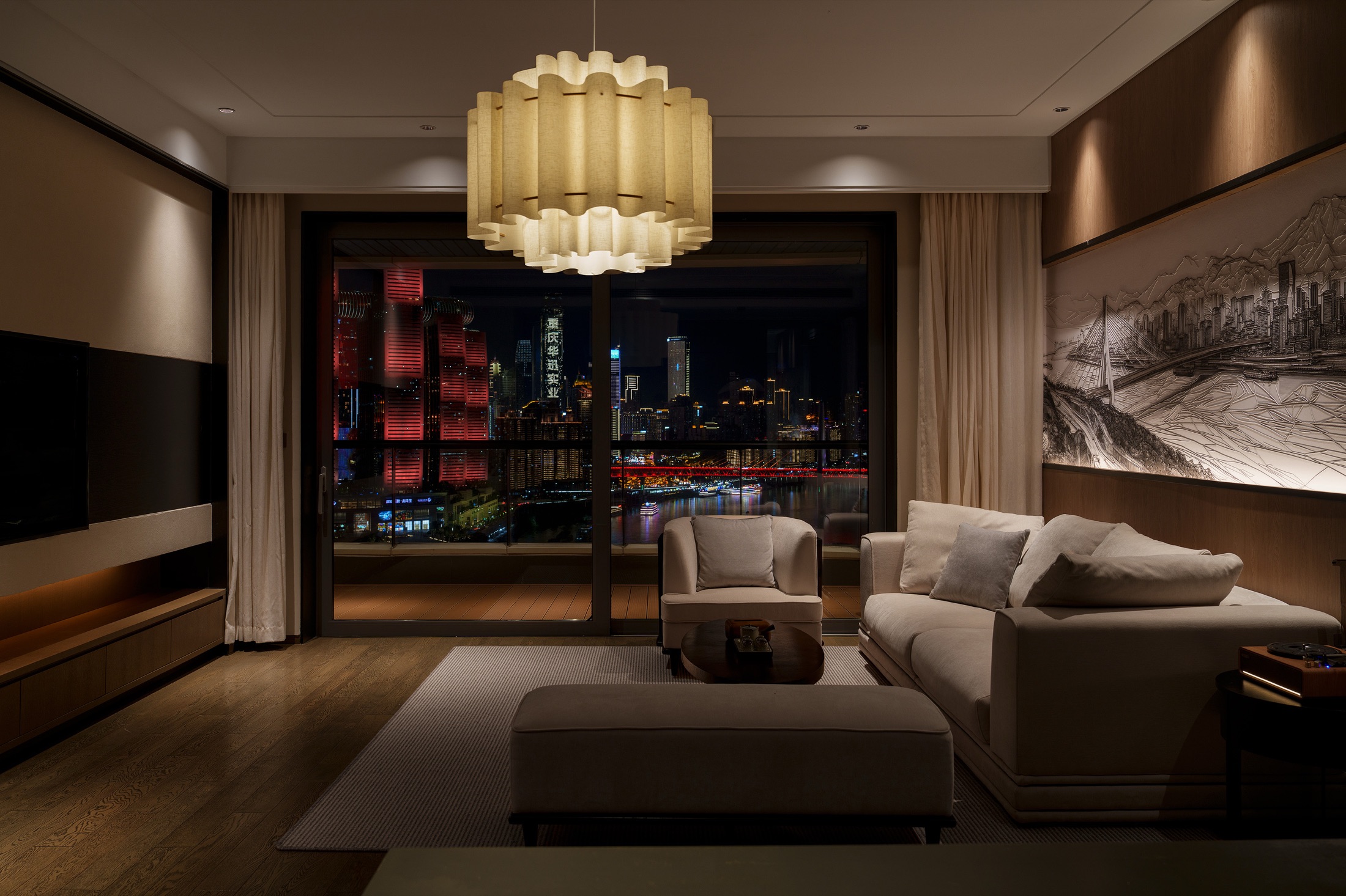 Bedroom opening to the Chongqing night view